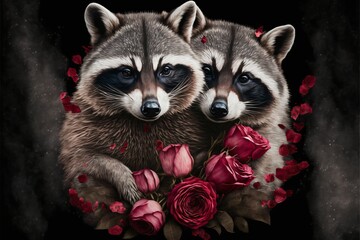 Valentine's Day Rose Cuddling Raccoon Couple (generative AI)