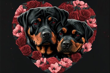 Obraz premium Valentine's Day Rose Cuddling Rottweiler Dog Couple (generative AI)