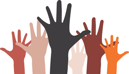 flat design isolated illustration of many palms pointing up depicting teamwork, togetherness, demonstration, collaboration, proposal, election, vote