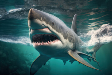 Great White Shark (Carcharodon carcharias) swimming in the ocean, generative ai