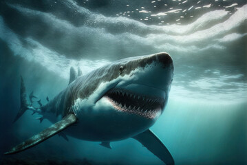 Fototapeta premium Great White Shark (Carcharodon carcharias) swimming in the ocean, generative ai