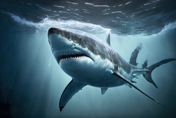 Fototapeta premium Great White Shark (Carcharodon carcharias) swimming in the ocean, generative ai