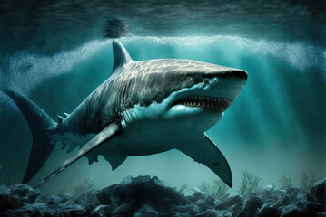 Fototapeta premium Great White Shark (Carcharodon carcharias) swimming in the ocean, generative ai