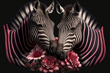 Rose Petal Animal Romance: A Valentine's Day Zebra Couple Cuddle Amidst Red and Pink Roses (check my Portfolio for more Animal Species and Dog/Cat breeds)
