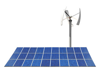Solar energy panel with wind turbine isolated on transparent background, PNG.	