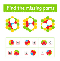 Mind game. Task for the development of logic for children. Find the missing pieces. Vector illustration