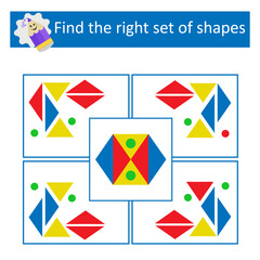 Logic puzzle for children. Find the correct set of geometric shapes. Preschool worksheet activity. Vector illustration