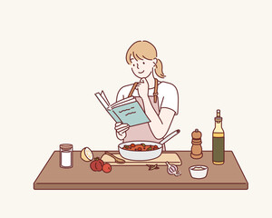 mature woman in apron is reading a book with recipes while cooking in kitchen. Hand drawn style vector design illustrations.