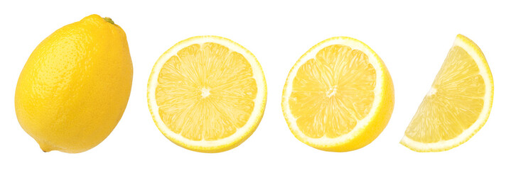 ripe lemon fruit, half and slice lemon isolated, Fresh and Juicy Lemon, transparent png, collection, cut out. - obrazy, fototapety, plakaty
