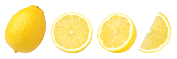 Fotobehang ripe lemon fruit, half and slice lemon isolated, Fresh and Juicy Lemon, transparent png, collection, cut out. © natthapol