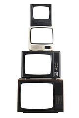 Four old TVs isolated on a white background.