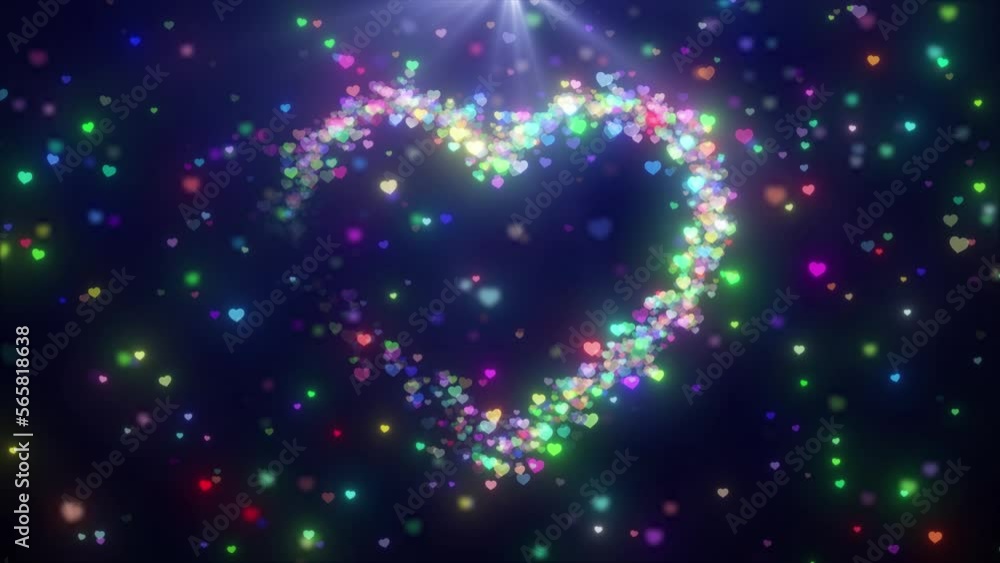 Poster heat particle falling with optical bright light effects on dark gradient background. particle heart 