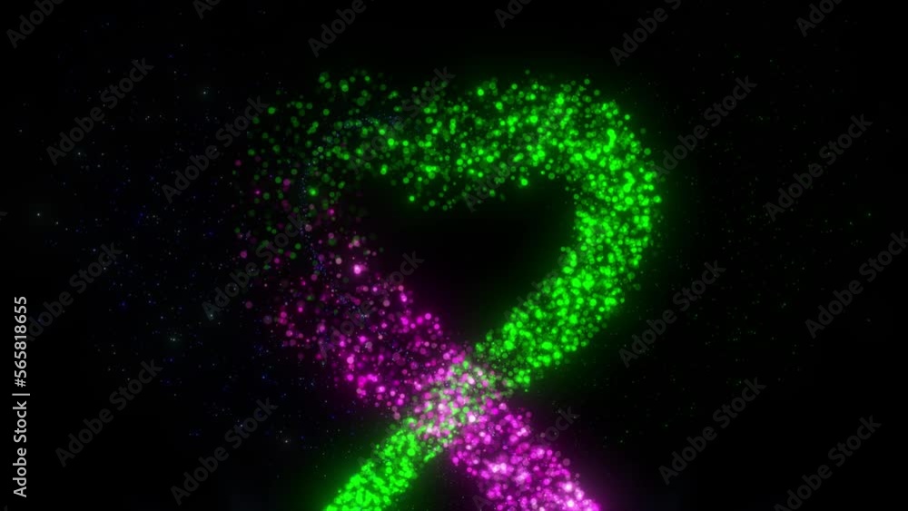 Aufkleber particle heart trail with glitter glowing hear particle on black background, green and pink particle