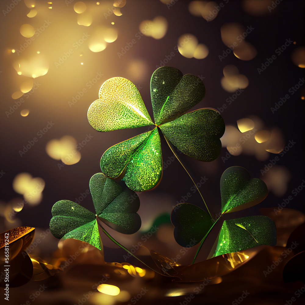 Poster Beautiful Festive background with shining clover shamrocks and golden bokeh. St. Patrick's Day backdrop.	
