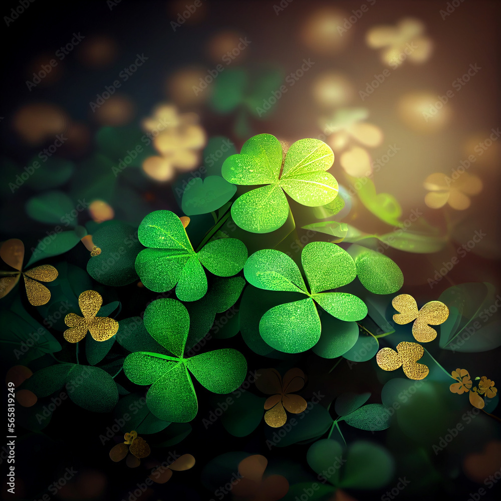 Poster Beautiful Festive background with shining clover shamrocks and golden bokeh. St. Patrick's Day backdrop.	
