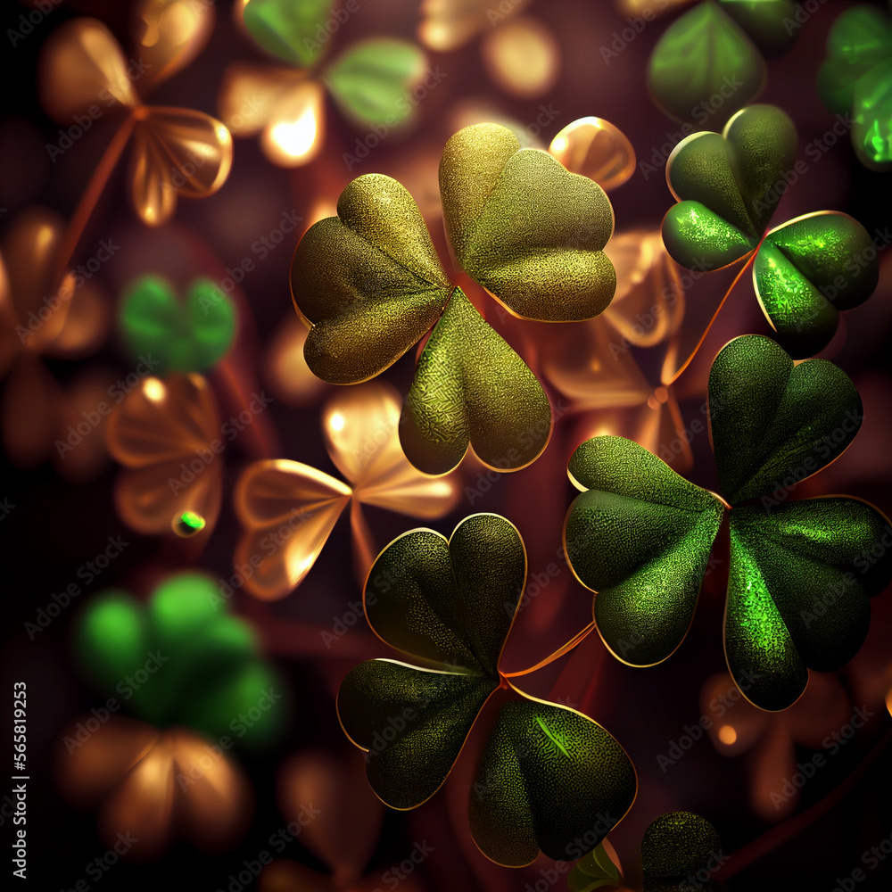 Poster Beautiful Festive background with shining clover shamrocks and golden bokeh. St. Patrick's Day backdrop.	
