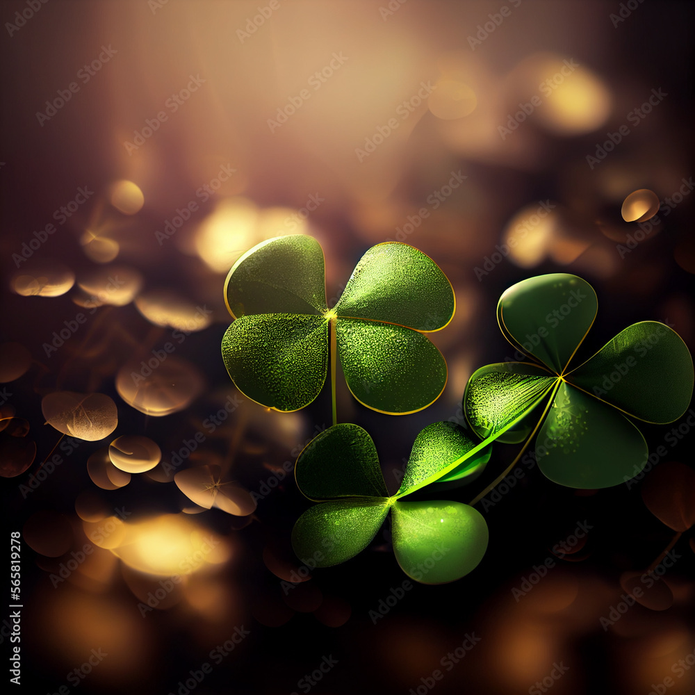 Aufkleber Beautiful Festive background with shining clover shamrocks and golden bokeh. St. Patrick's Day backdrop.	
