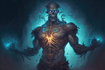 Fototapeta premium A sinister devastated necromancer in a spiked hood and a torn cloak over hundreds of rising zombie corpses on the battlefield among the ruins art (ai generated)