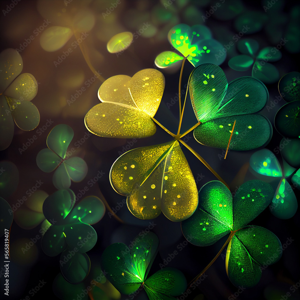 Poster beautiful festive background with shining clover shamrocks and golden bokeh. st. patrick's day backd