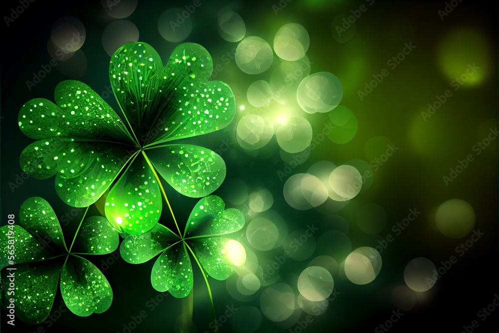 Poster Beautiful Festive background with shining clover shamrocks and golden bokeh. St. Patrick's Day backdrop.	
