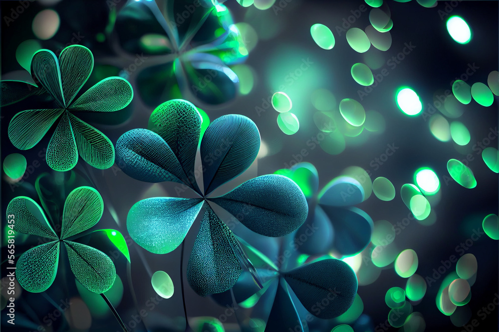 Poster Beautiful Festive background with shining clover shamrocks and golden bokeh. St. Patrick's Day backdrop.	
