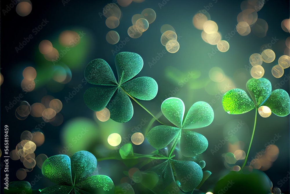 Poster Beautiful Festive background with shining clover shamrocks and golden bokeh. St. Patrick's Day backdrop.	

