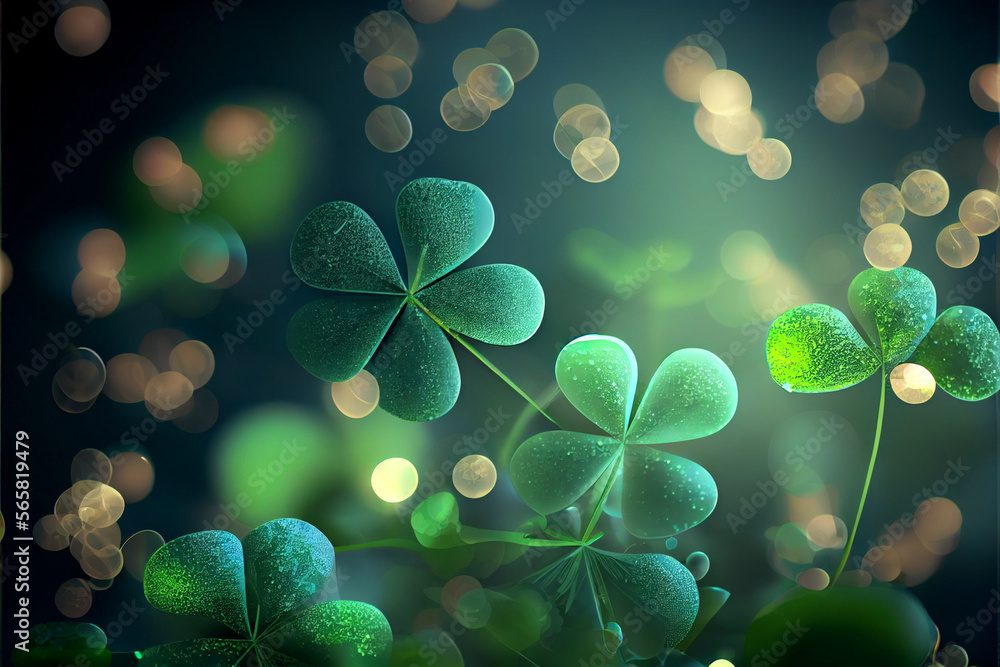 Aufkleber Beautiful Festive background with shining clover shamrocks and golden bokeh. St. Patrick's Day backdrop. Generative AI technology.	