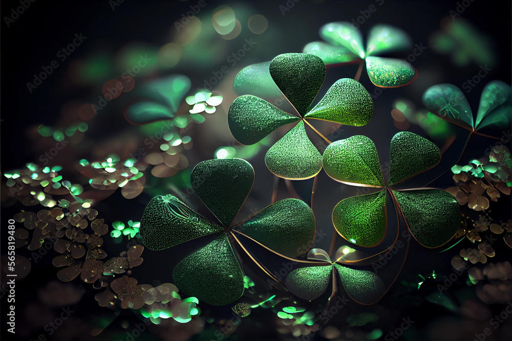 Aufkleber Beautiful Festive background with shining clover shamrocks and golden bokeh. St. Patrick's Day backdrop.	
