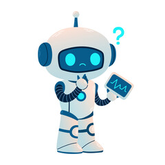 Cute Robot with tablet and question. Cartoon Science Technology Concept Isolated Vector. Flat Cartoon Style