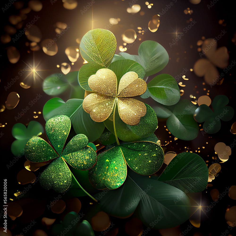 Poster Beautiful Festive background with shining clover shamrocks and golden bokeh. St. Patrick's Day backdrop.	
