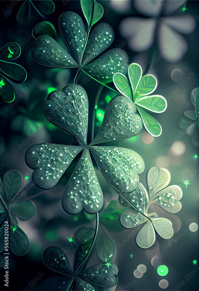 Aufkleber Beautiful Festive background with shining clover shamrocks and golden bokeh. St. Patrick's Day backdrop.	