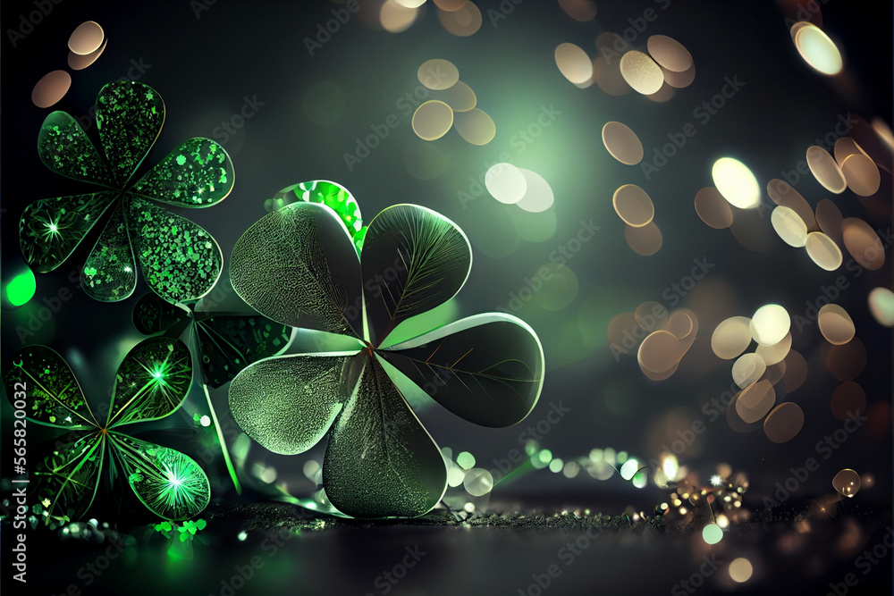 Poster Beautiful Festive background with shining clover shamrocks and golden bokeh. St. Patrick's Day backdrop.	