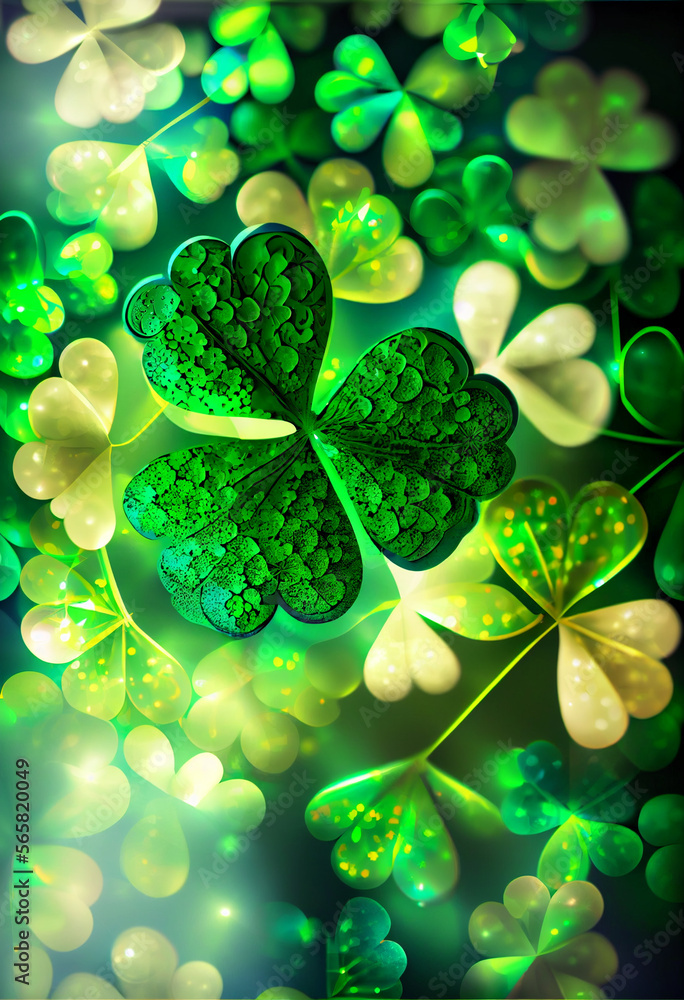 Poster Beautiful Festive background with shining clover shamrocks and golden bokeh. St. Patrick's Day backdrop.	