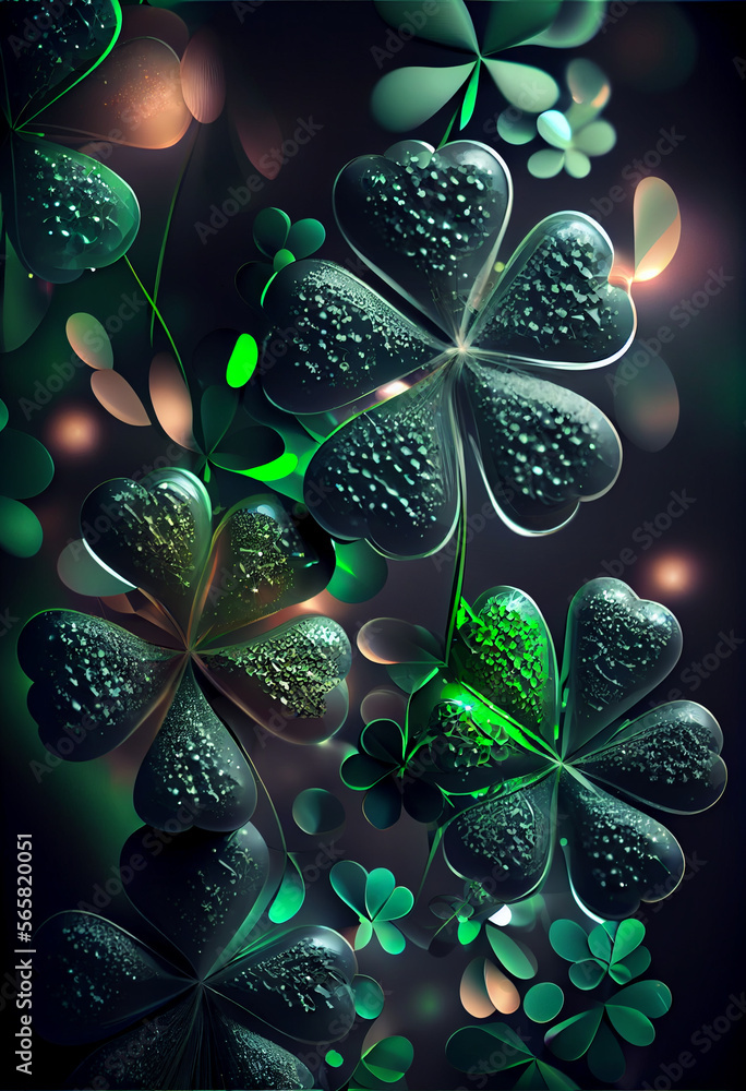 Aufkleber Beautiful Festive background with shining clover shamrocks and golden bokeh. St. Patrick's Day backdrop.	