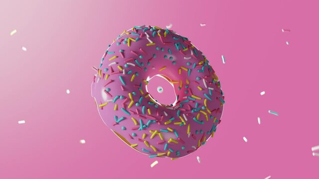 3d rendering of pink frosted donut with sprinkles on pink background, 4k resolution.