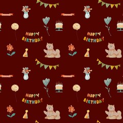 Happy birthday cake cat red pattern watercolor