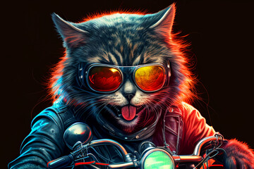 Cool cat biker in black leather jacket wearing sunglasses with Generative AI