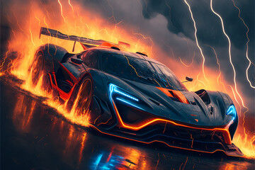hypercar fire lightning neon background generated ai
