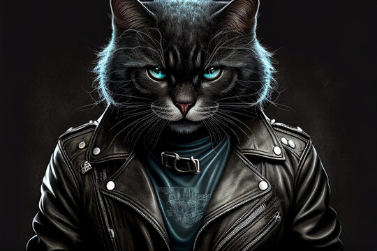 Cool cat in black leather jacket With Generative AI