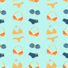 Cute women panties seamless pattern. Underwear background. Female lingerie symbols collection, illustration on blue.
