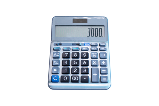 Front Black, grey digital calculator Isolated on cutout PNG. Used Calculation or counting number. Electronic calculator often abbreviated as calculator or calculator is electronic device.