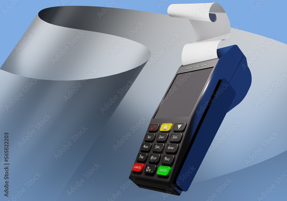 Poster pos terminal. credit card reader cash register with check tape. pos terminal on abstract background.