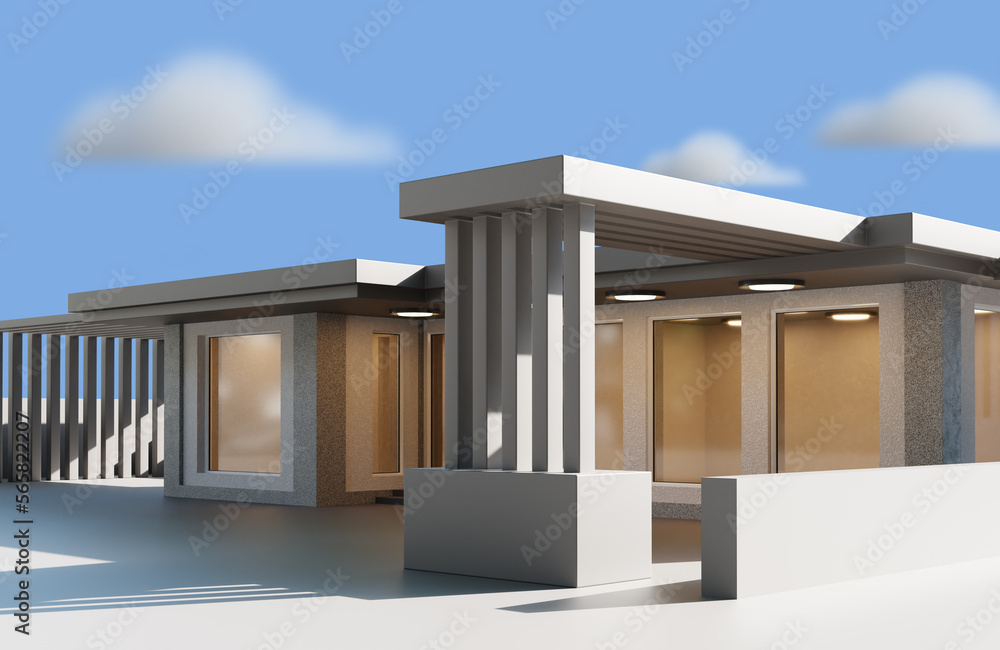 Poster building model in modern style. single storey concrete house. office building with panoramic windows
