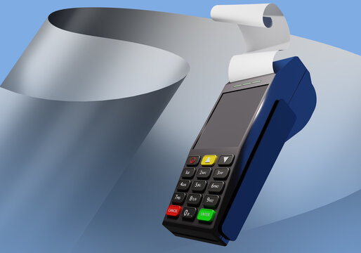POS terminal. Credit card reader cash register with check tape. POS terminal on abstract background. POS equipment for retail. Payment terminal for accepting bank cards. Payment equipment. 3d image.