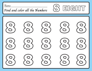 number 8 exercises with kindergarten and preschool kids coloring book illustration, vector 