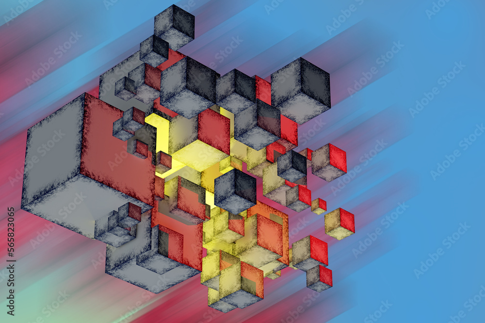 Poster geometric background. modern scenery from flying cubes. volumetric squares of different sizes. moder