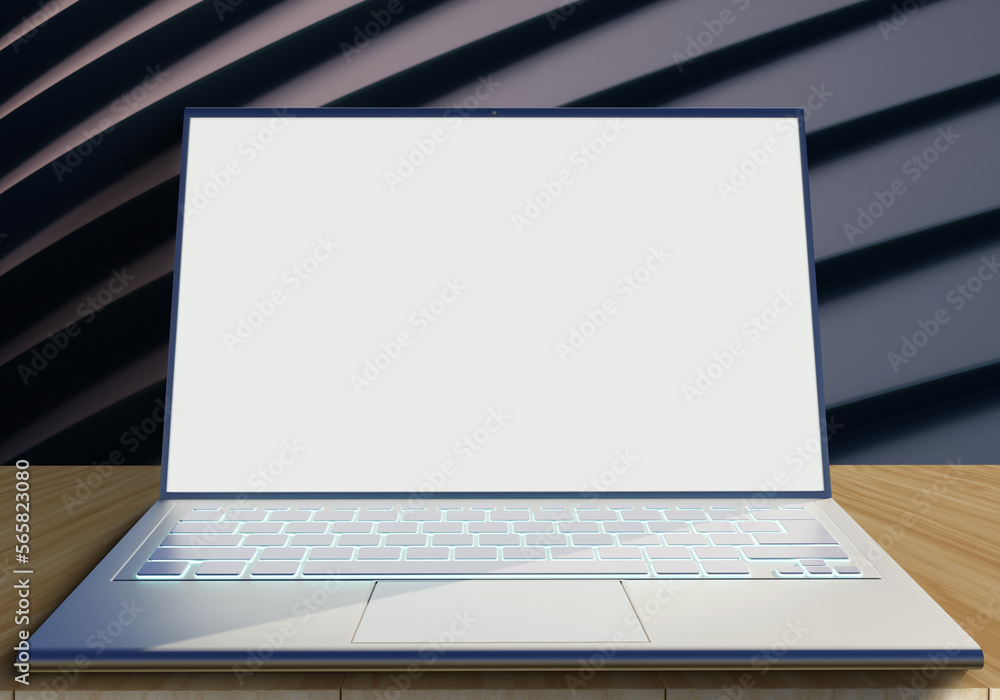 Poster notebook template. laptop computer with blank white screen. laptop on wooden table. place to showcas
