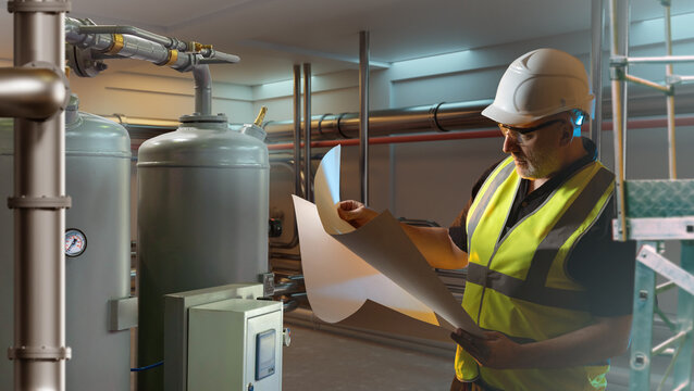 Brewery employee. Man near tanks for water treatment. Guy is technologist in premises of brewery. Man in yellow vest Studying technological documentation. Industrial brewing equipment near worker - Powered by Adobe