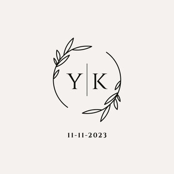 Letter YK wedding monogram logo design with simple natural circle leaf frame