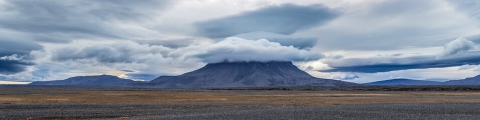 Icelandic Mountain Surrounded by Clouds, Highlands, Brush Foreground, Cloudy Day, Autumn